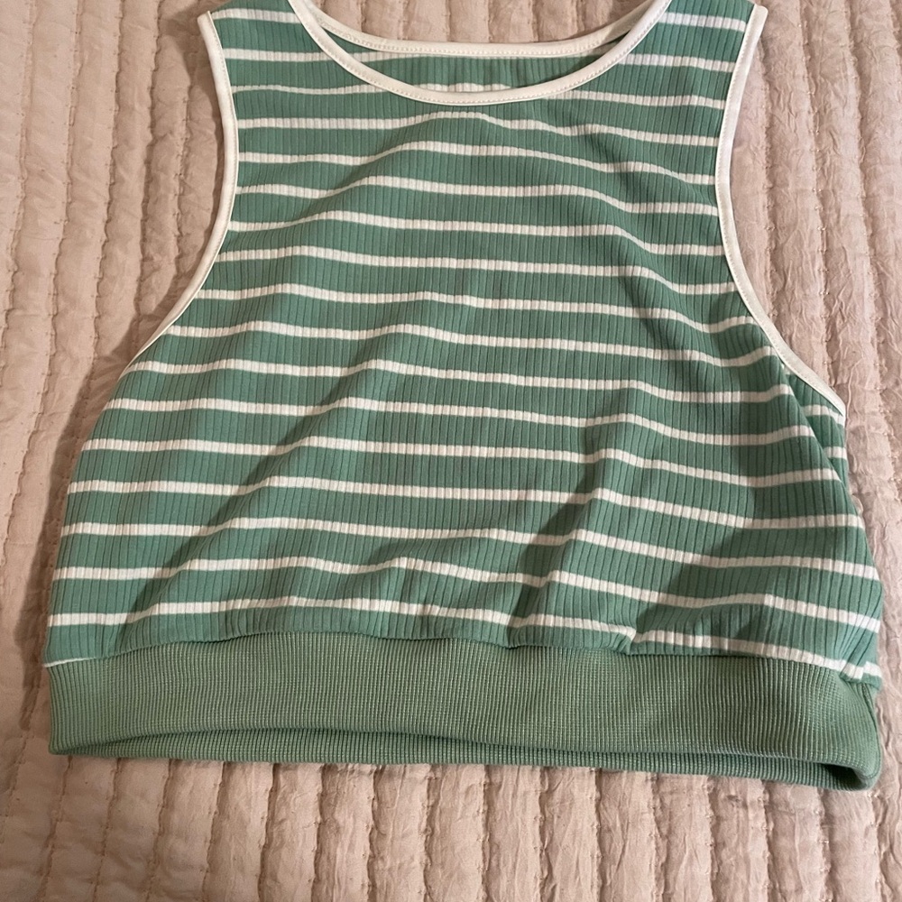 SHEIN Mint Green and White Striped Ribbed Crop Tank